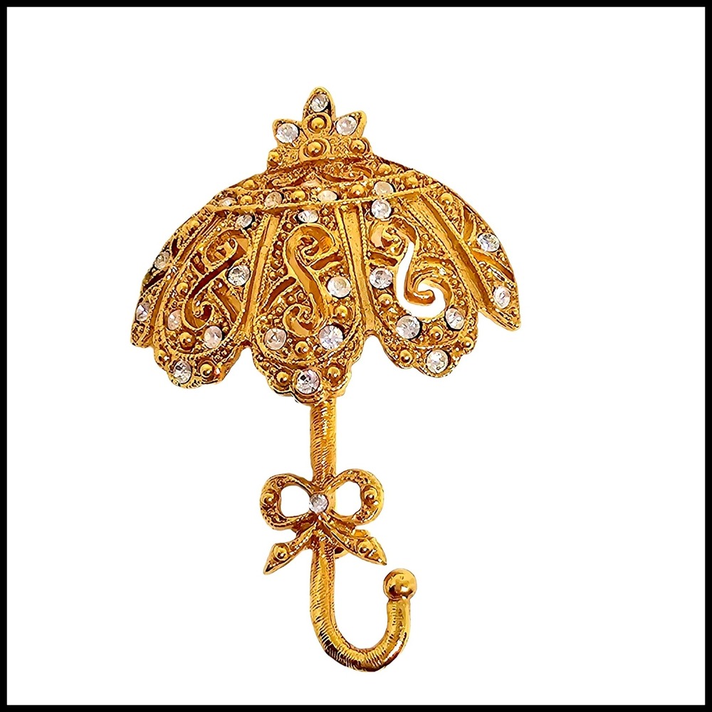 Vintage Umbrella Gold Tone Open‎ Work Rhinestone Brooch Pin